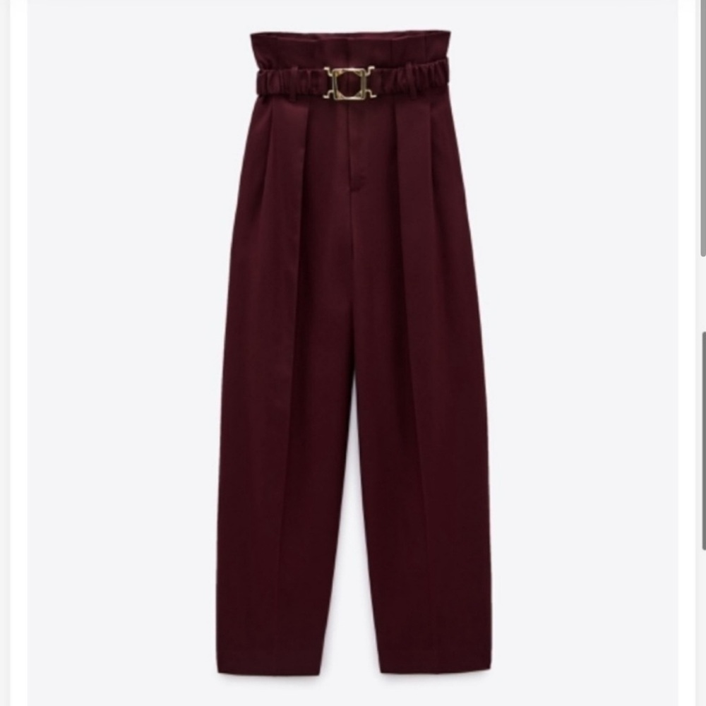 Zara Burgundy Paperbag Waist Belted Trousers High Rise Wide Leg Pants NWT S